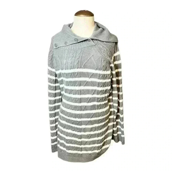Croft & Barrow Women's 2XL Gray Cable-Knit Striped V-Neck Sweater - Picture 2 of 8